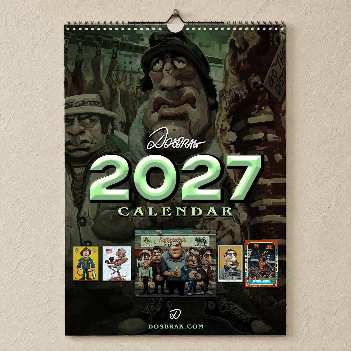 2027 Dosbrak A3 wall calendar mockup, wire-bound art calendar printed in Ireland