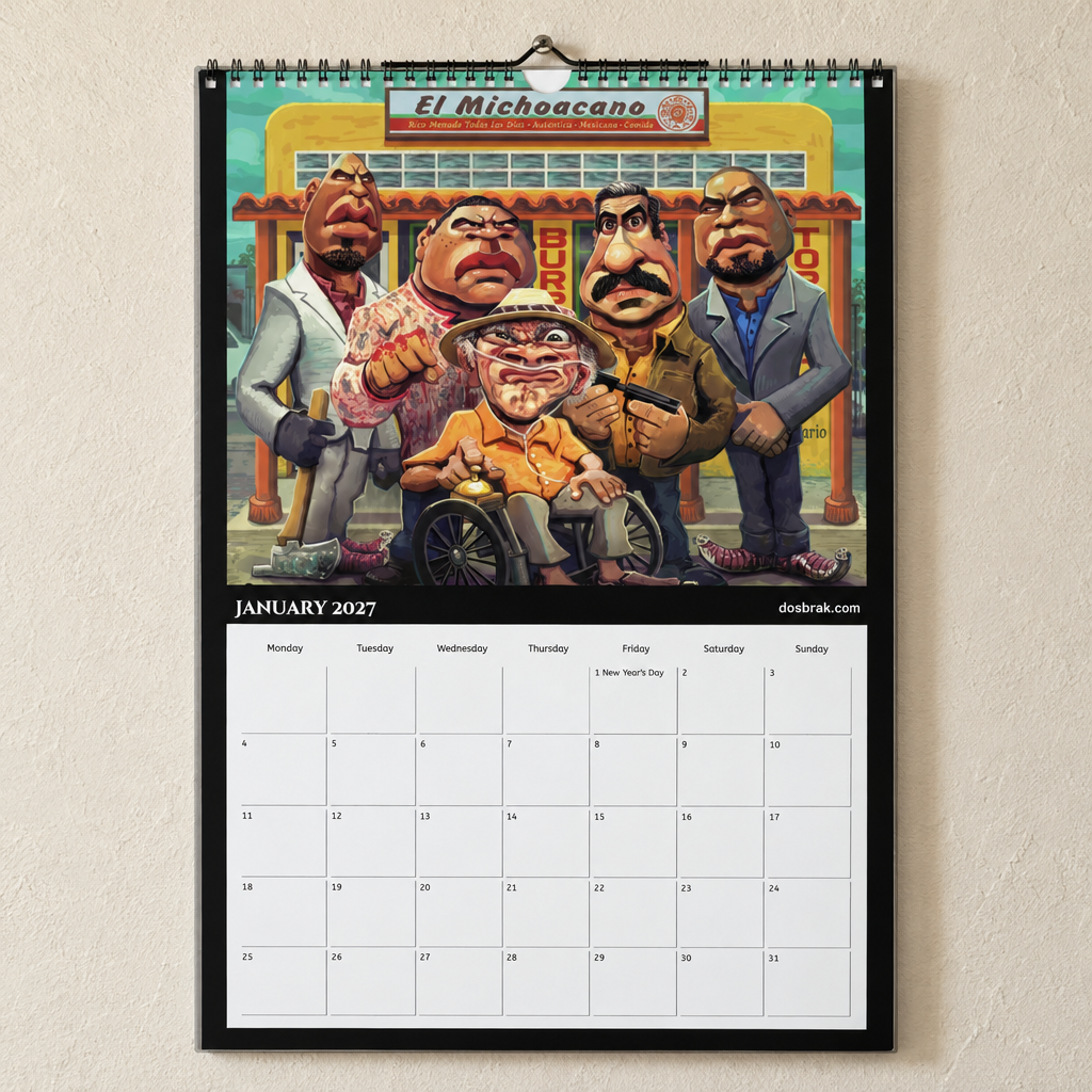 2027 Dosbrak A3 wall calendar, January page with artwork by Dosbrak