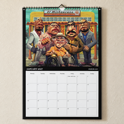 2027 Dosbrak A3 wall calendar, January page with artwork by Dosbrak